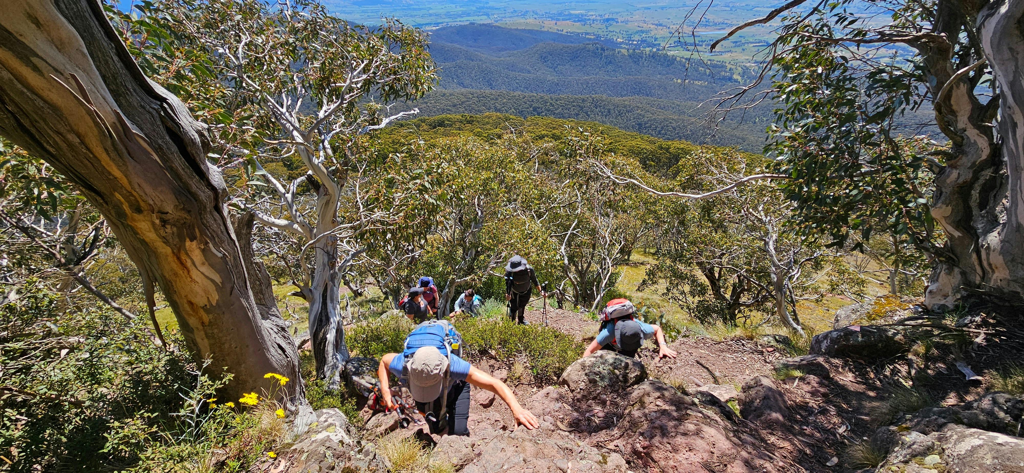 Hikers are scrambling up a rocky outcrop.