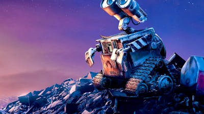 A small animated robot looks longingly up at the sky, sitting on a pile of rubbish