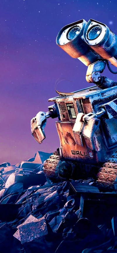 A small animated robot looks longingly up at the sky, sitting on a pile of rubbish