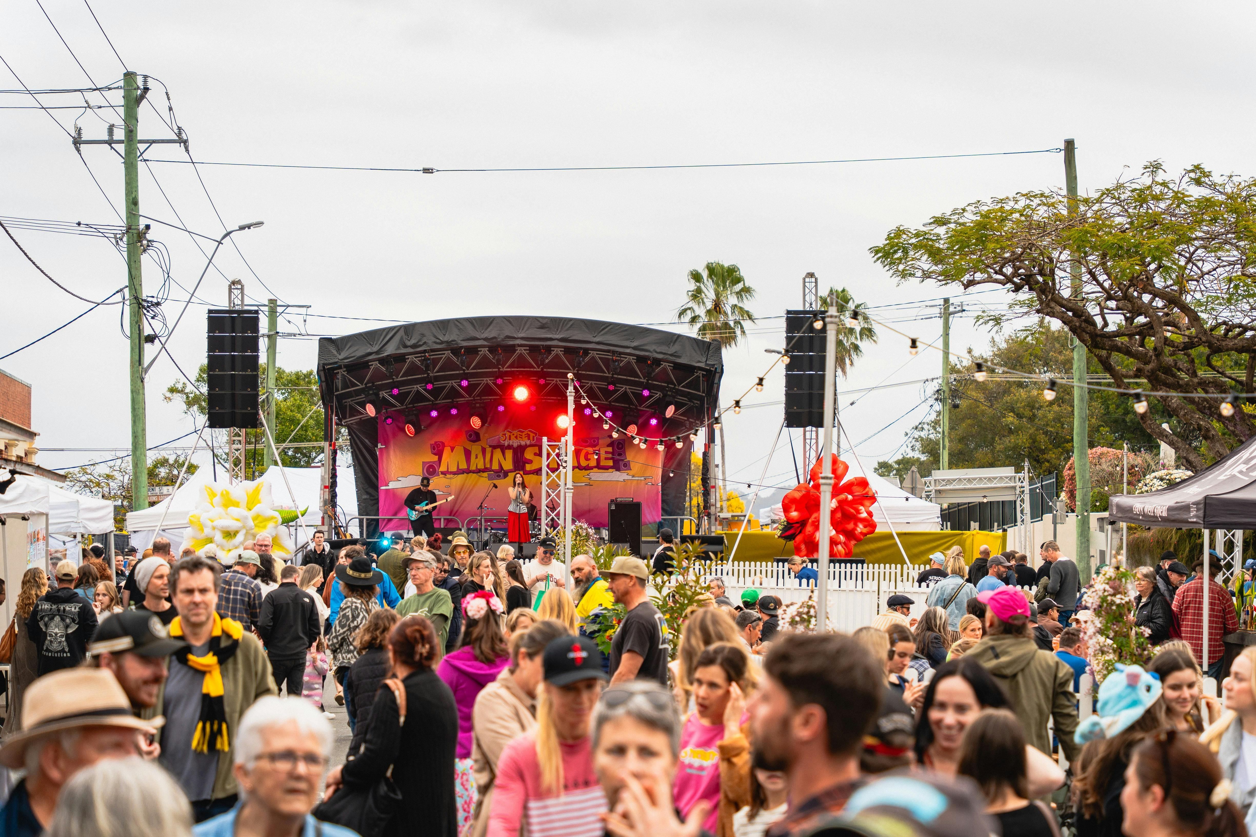 Queensland Rd filled with people enjoying the Street Party.