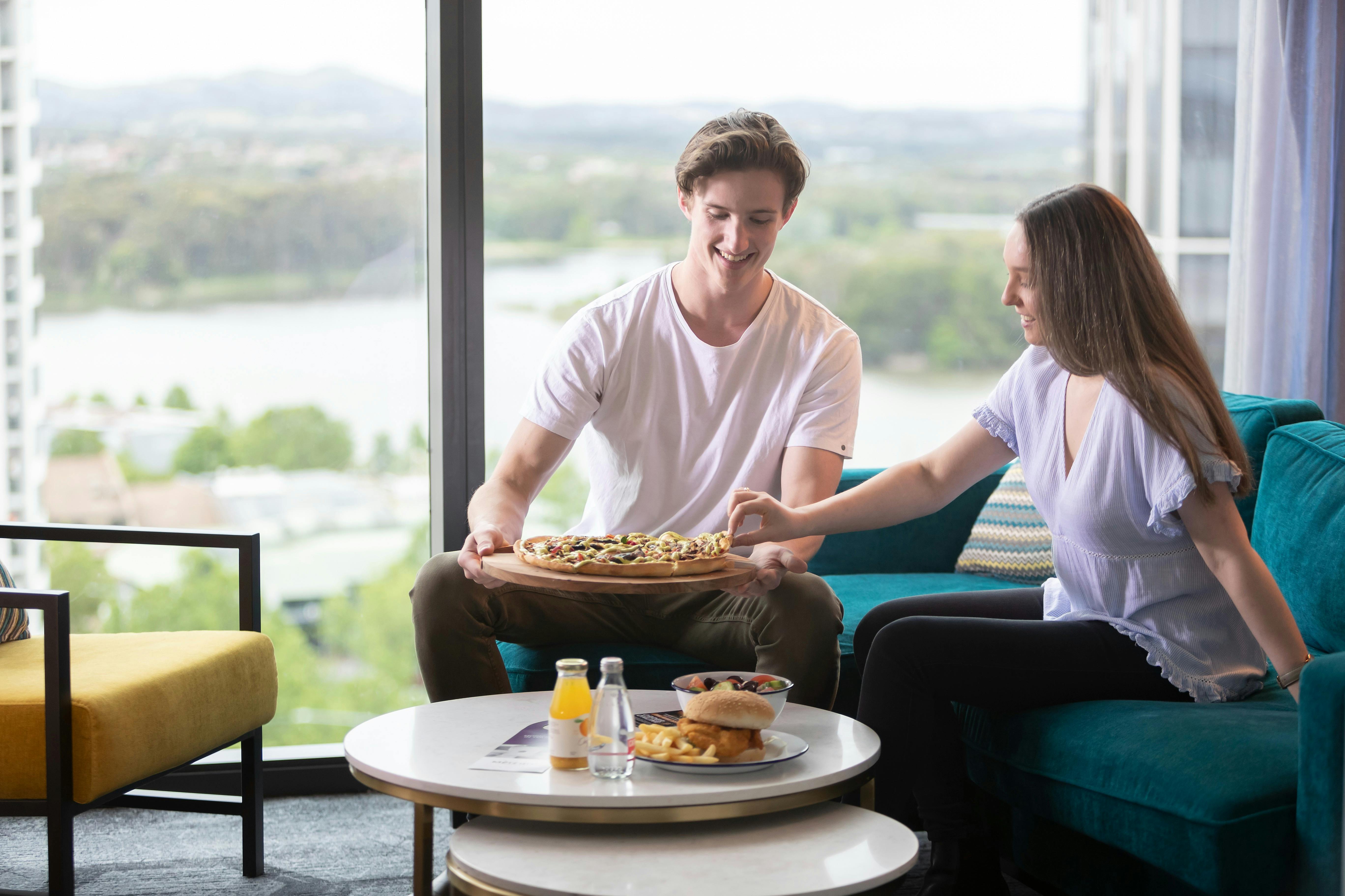 Enjoy in room dining overlooking Lake Ginninderra