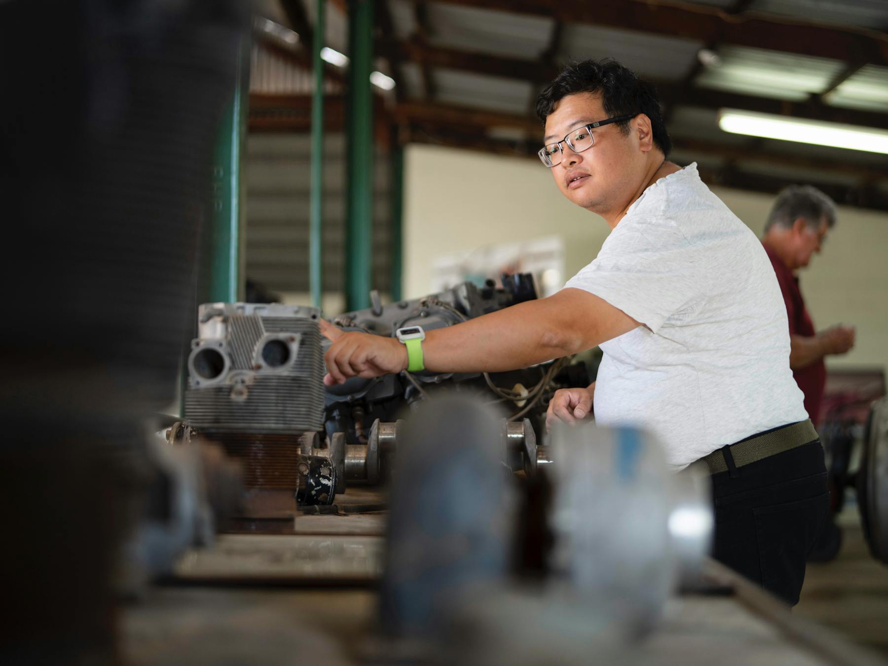 Mechanical parts and equipment to make aviation tragics' hearts fly - displays in original workshop.