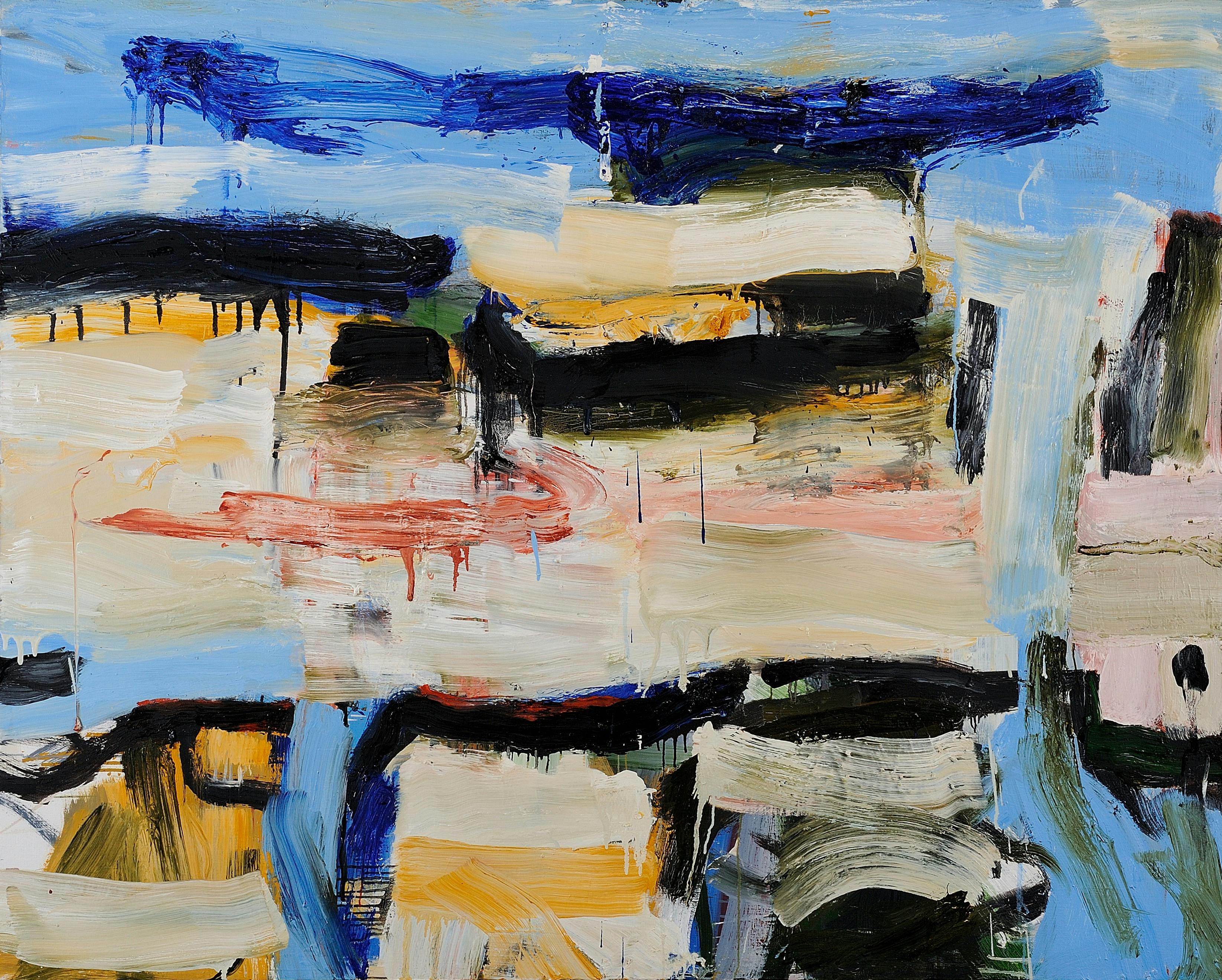 Painterly abstraction with blue, black, grey, gold and coral dripping strokes