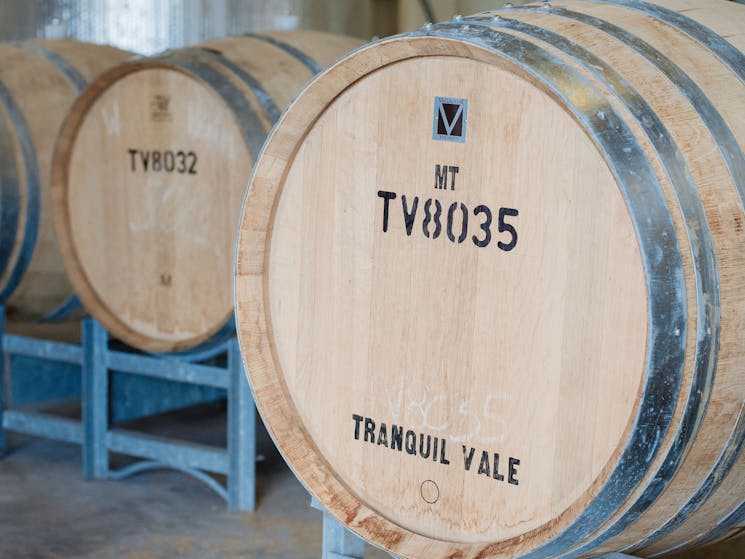 Barrels in  onsite winery