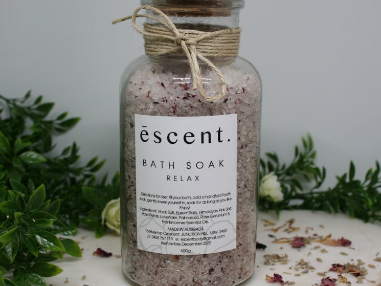 Large bath salts in glass jar with Relax essential oil blend