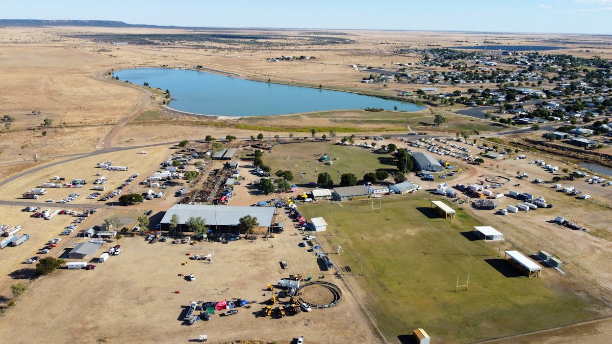 Arial photo of Hughenden Showgrounds showing grassy ring and pavillions Arial photo of Hughenden Showgrounds showing grassy ring and pavillions