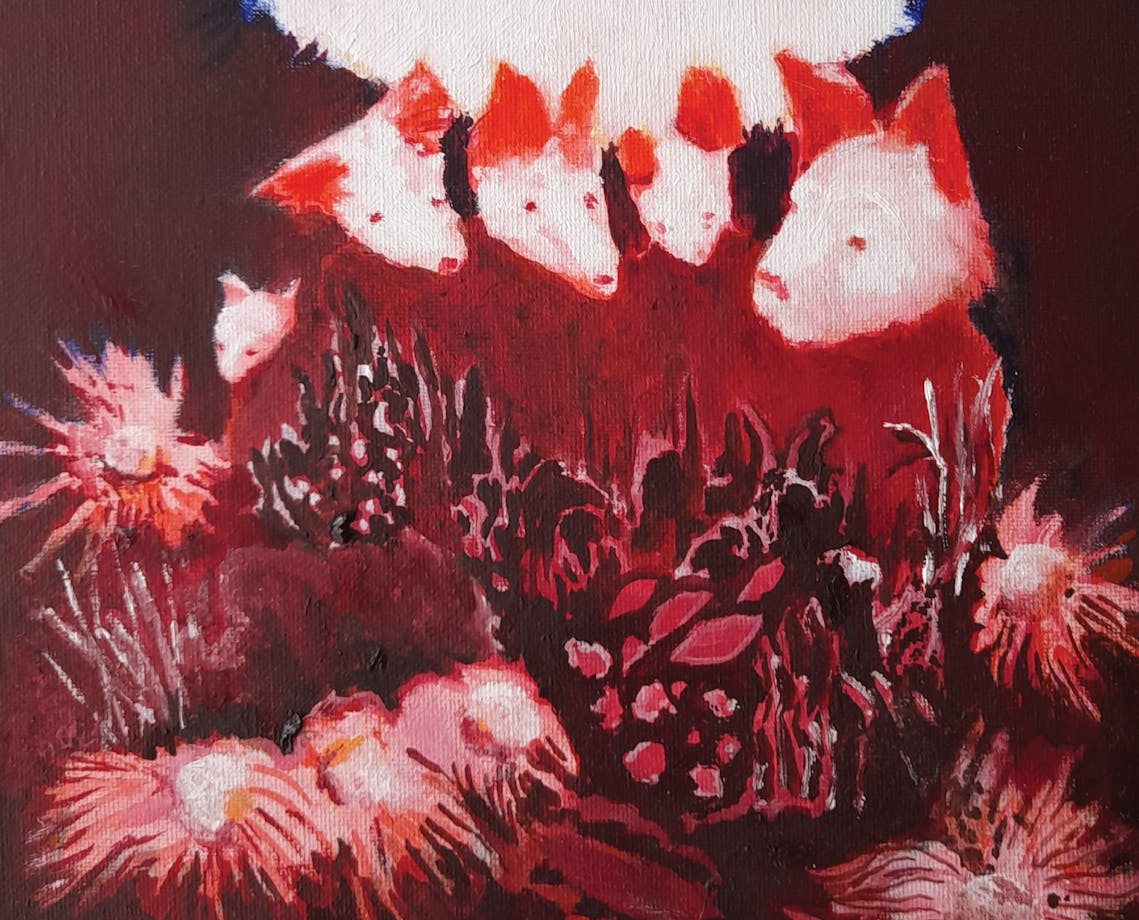 5 animals with pointy faces and ears painted in red white and black