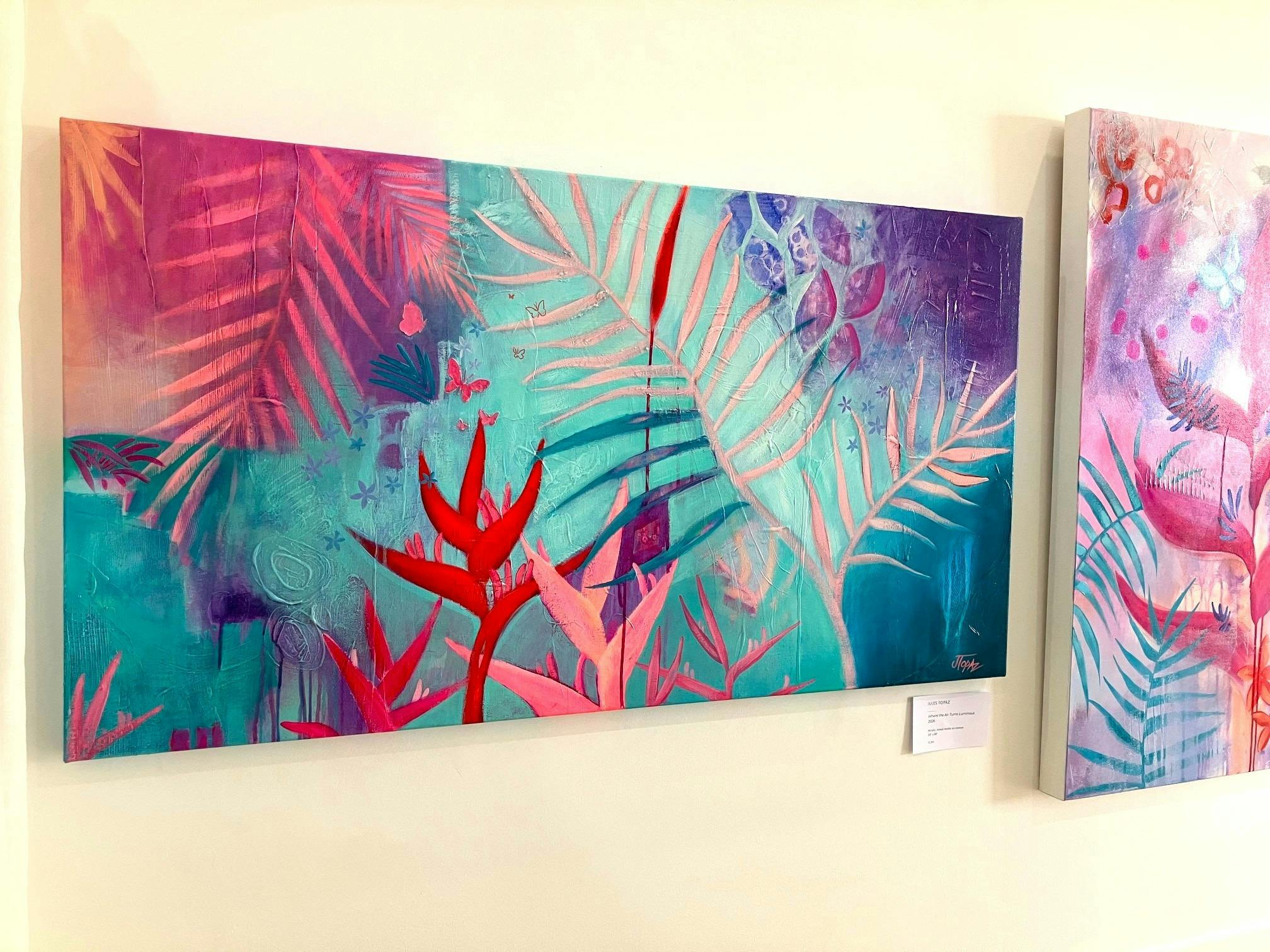 Vibrant, original, tropical abstract artwork displayed on our main gallery walls