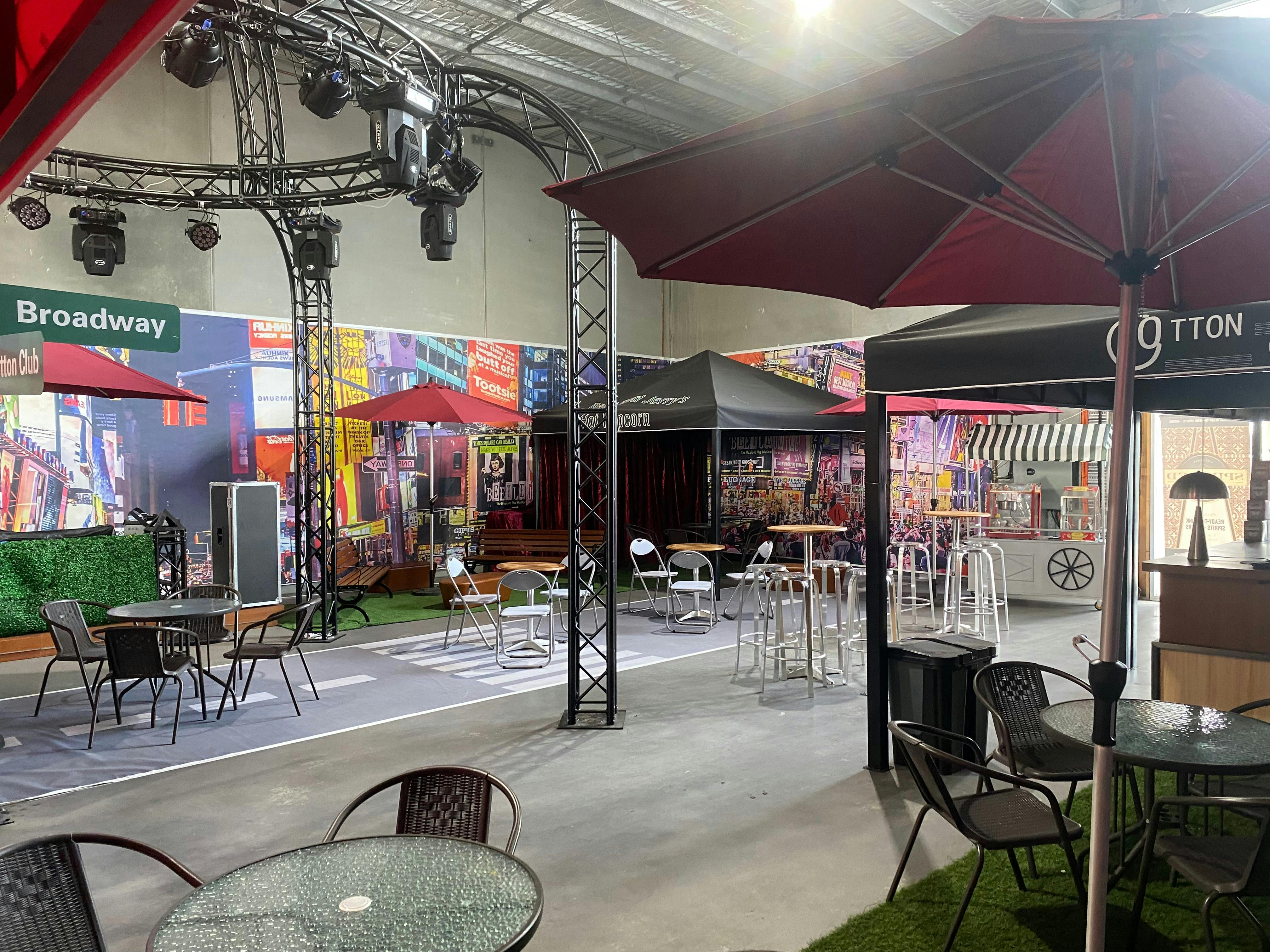 Spirited Beverages Tasting Room. Photograph shows a stylised replica of Times Square including light