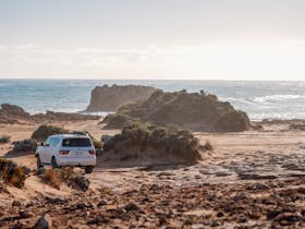 Tour vehicle traveling on tracks into Canunda National Park.
