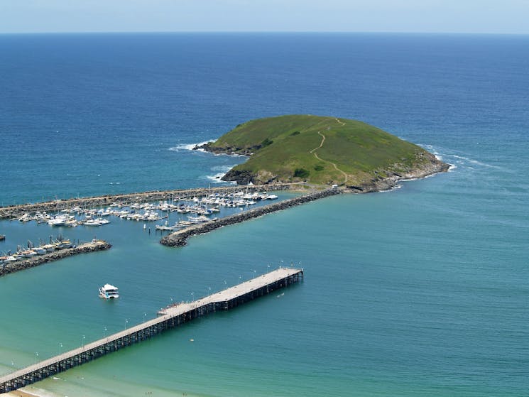 Muttonbird Island and Jetty, Coffs Harbour Marina, Aerial View by helicopter