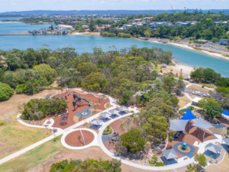 an aerial photo of Pop Denison park including Shaws Bay
