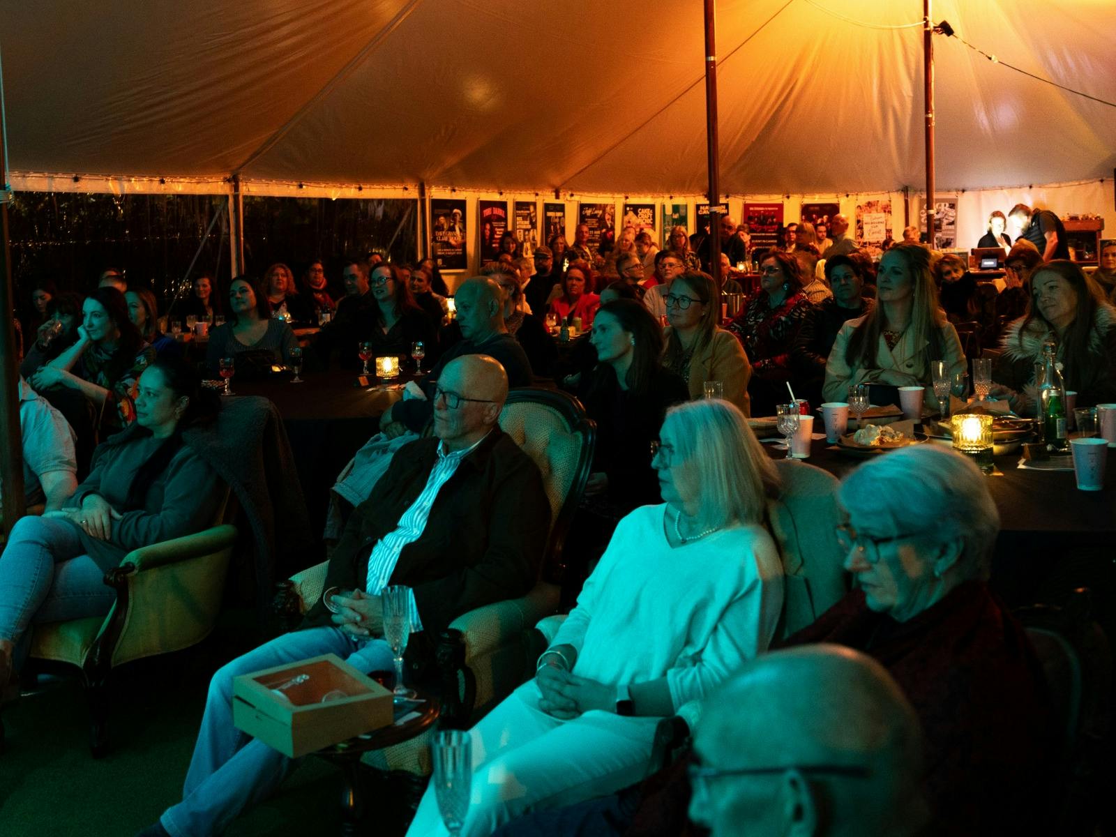 audience seated looking in same direction nighttime under marquee