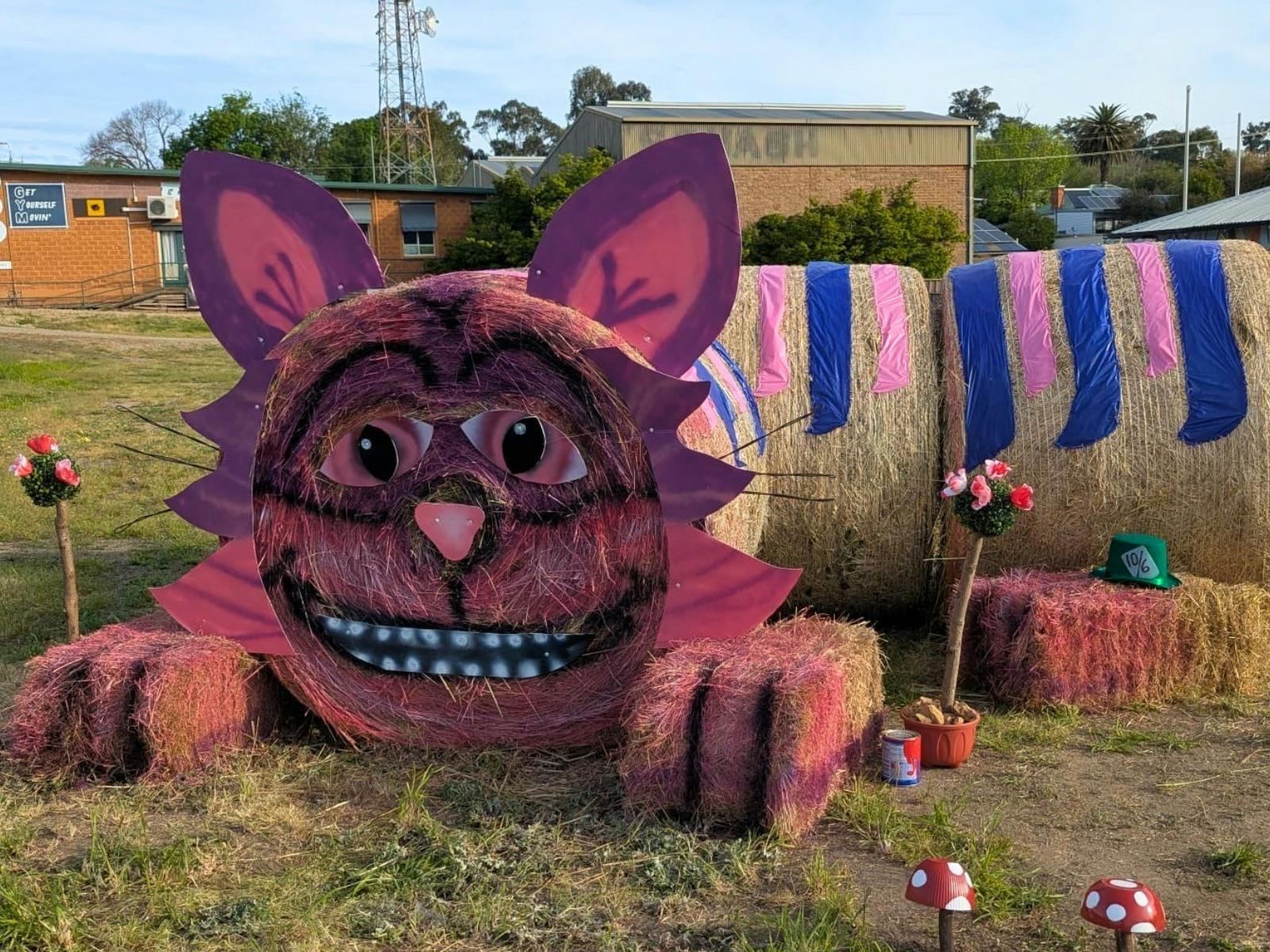 The Cheshire Cat made out of round and square hay bales located in Corryong