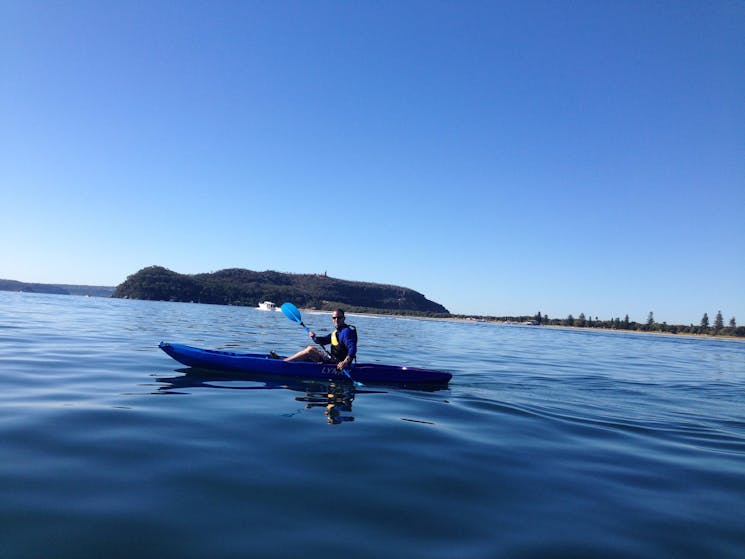 Kayaking on Pittwater with Barrenjoey Headland and Palm Beach in the background
