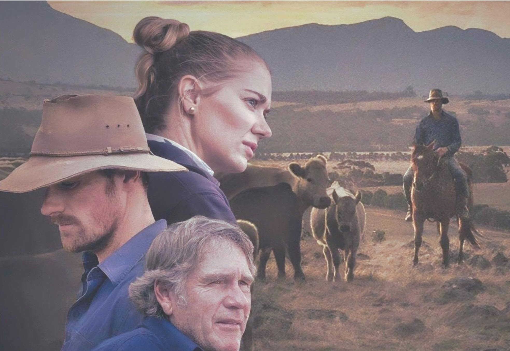 poster with people and cows and man on a horse