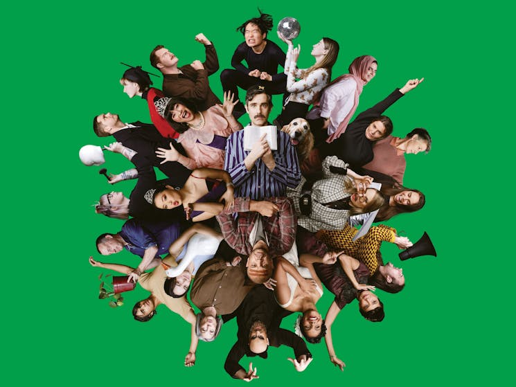 A spiral of different characters in the 2023 season productions on a green background