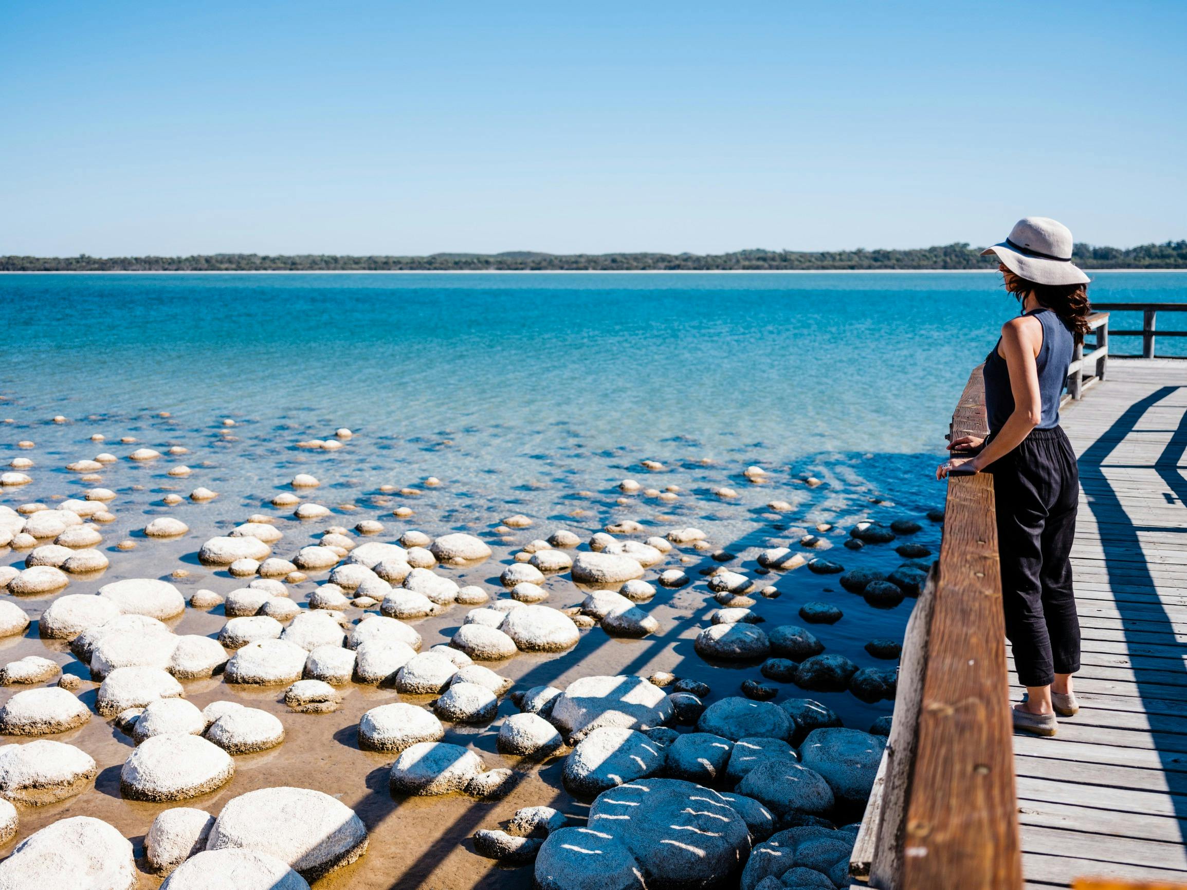 Lady viewing the thrombolites in Yalgorup National Park