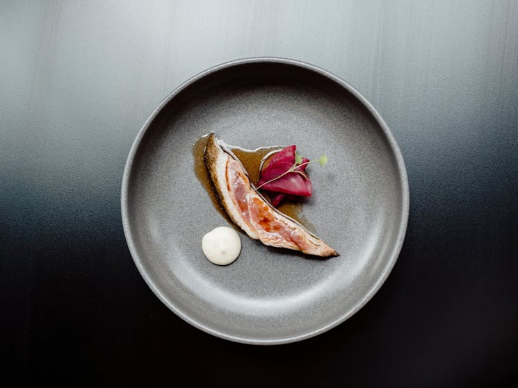 Plated dish of duck and beetroot