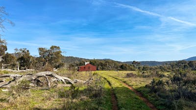 A hut in an open plain with a four wheel drive leading up to it.