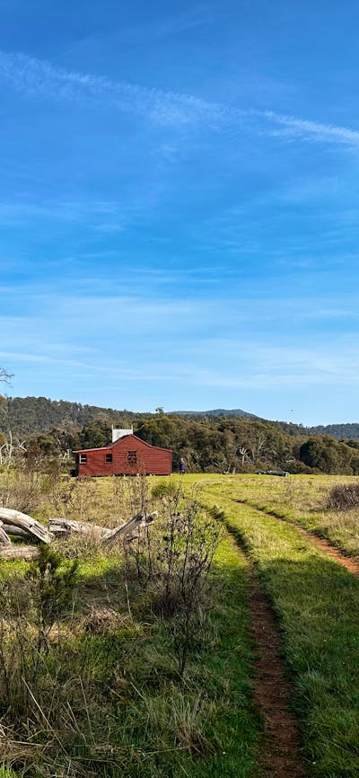 A hut in an open plain with a four wheel drive leading up to it.