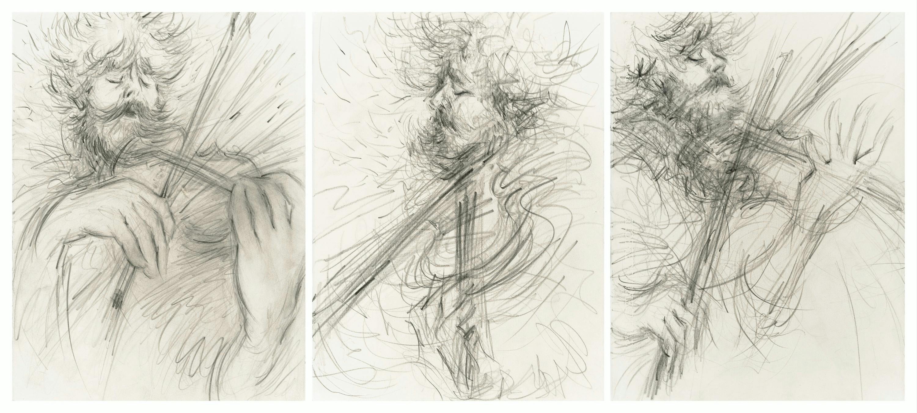 Three-panel drawing of man playing violin