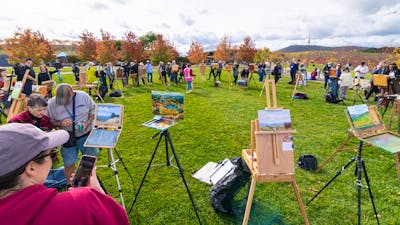 an artists easel with an artwork in front of a view of canberra and lake burley griffin