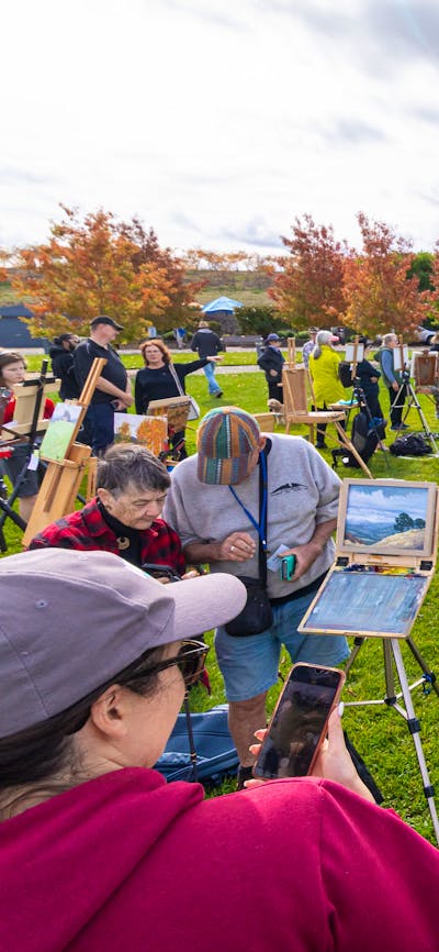 an artists easel with an artwork in front of a view of canberra and lake burley griffin
