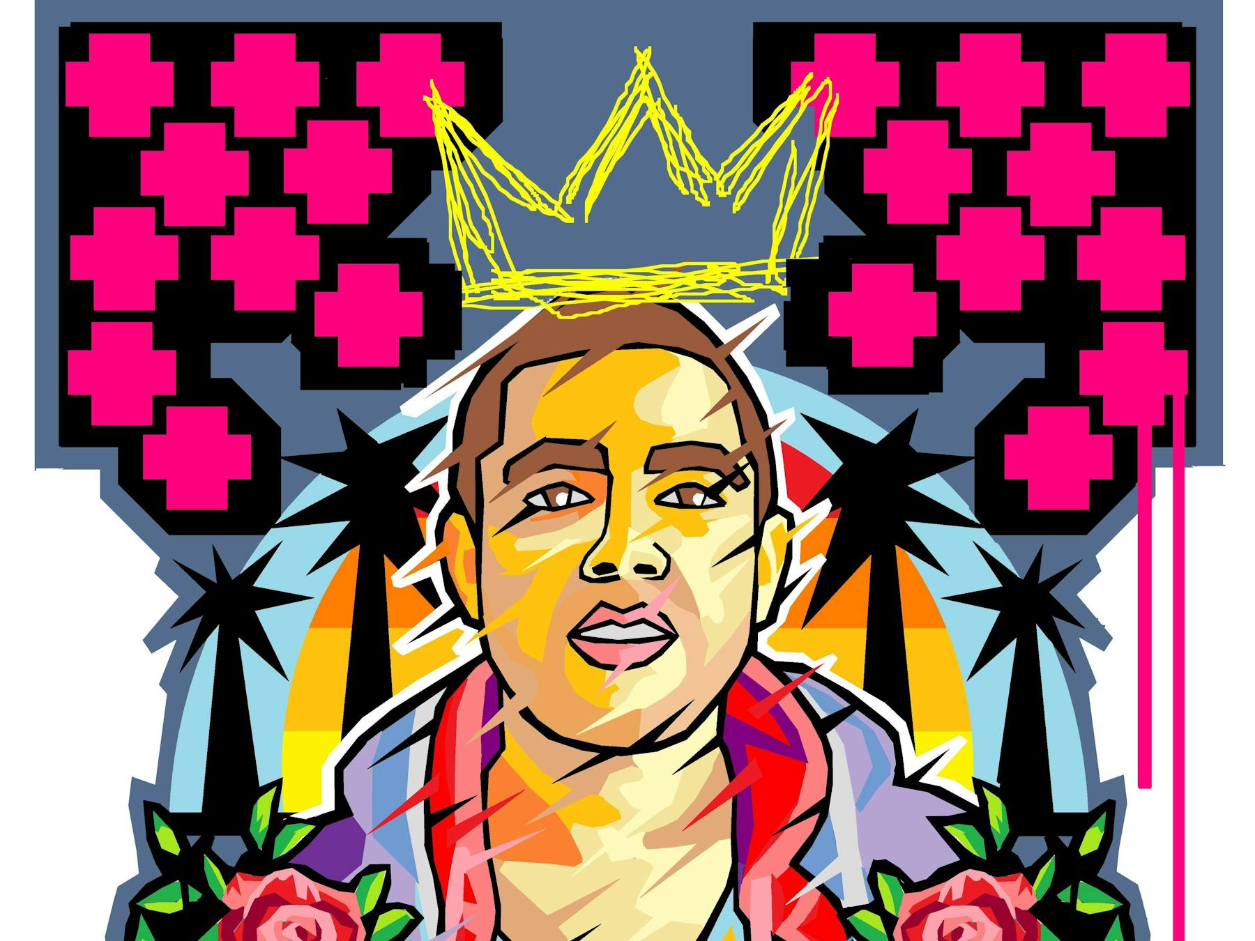 Digital artwork of a young man surrounded by roses, palm trees, and chunky pink addition symbols