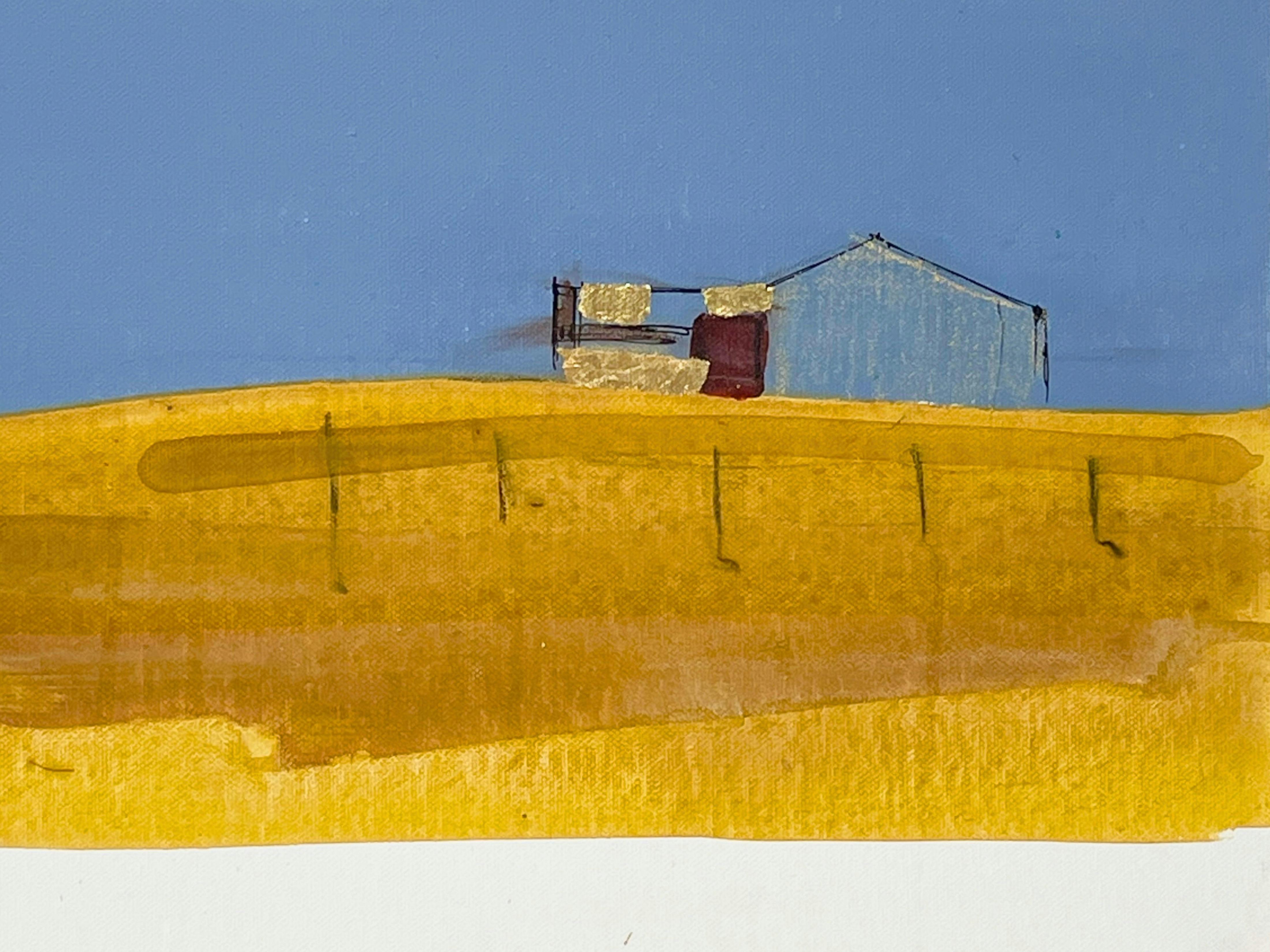 shed on hill with fence - mixed media