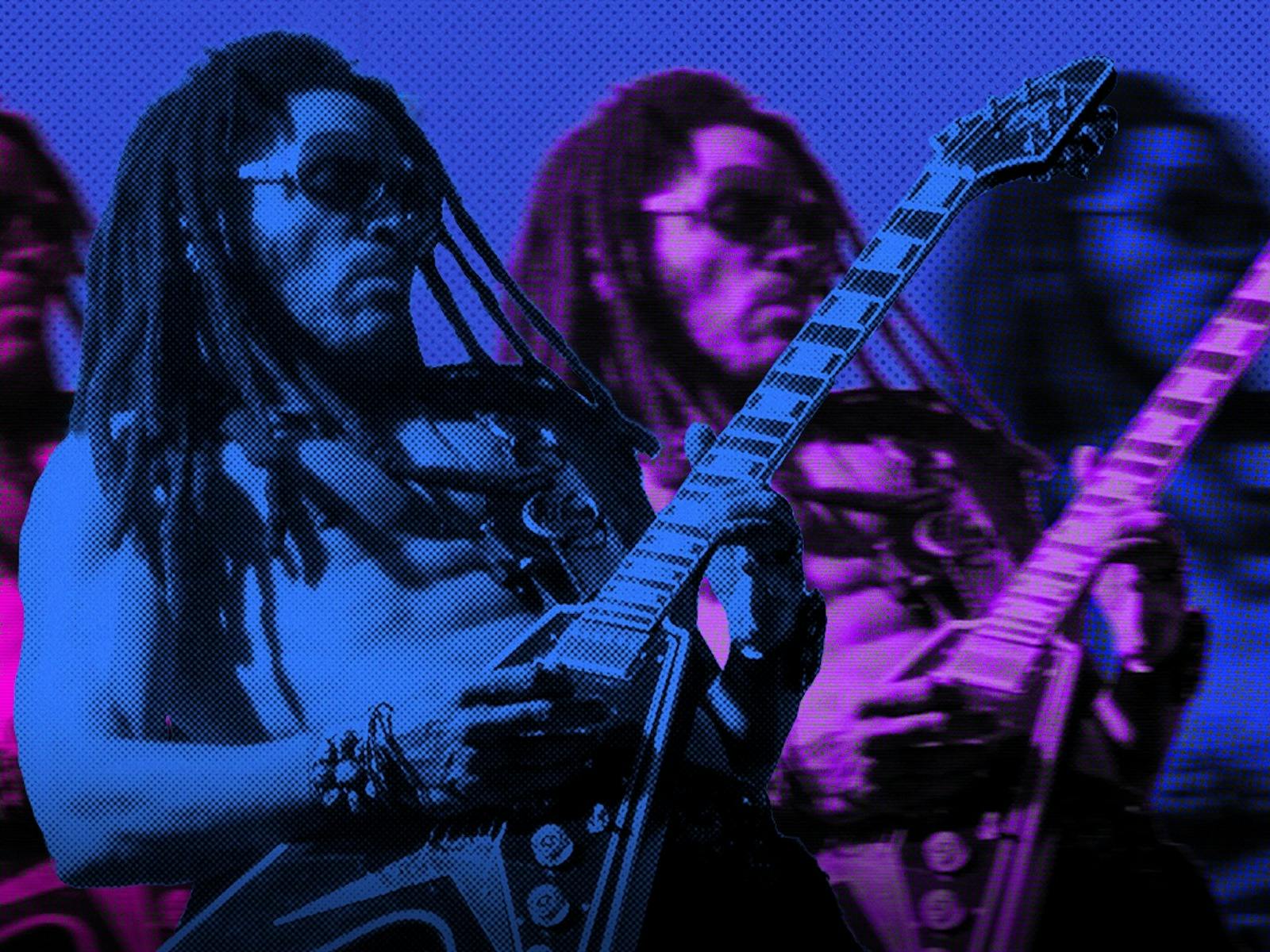 blue and purple images of Lenny Kravitz playing a guitar