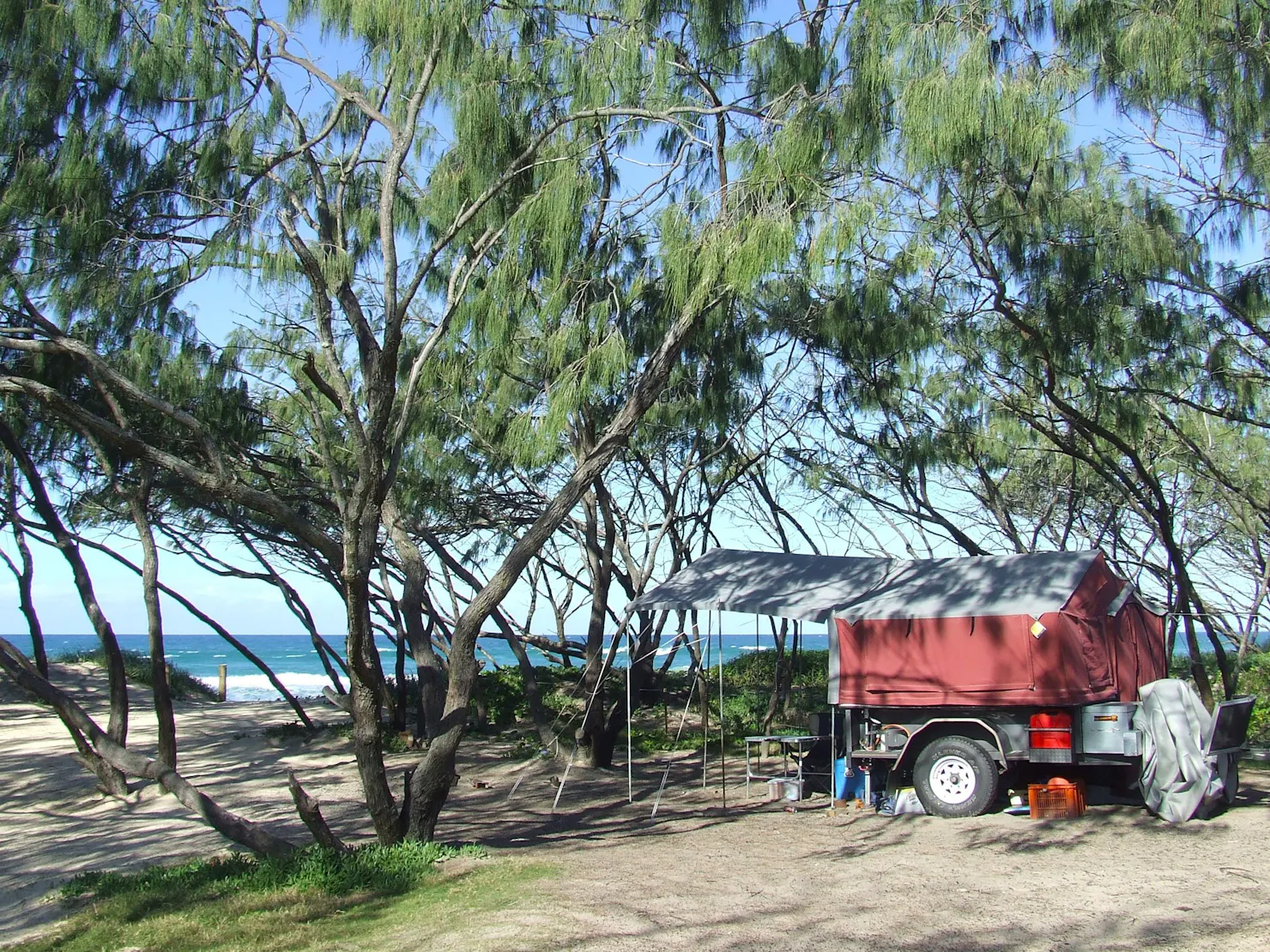 A red camper trailer is parked amongst the casuarinas behind the beach,