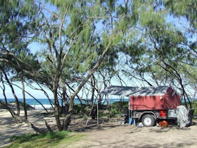 A red camper trailer is parked amongst the casuarinas behind the beach,