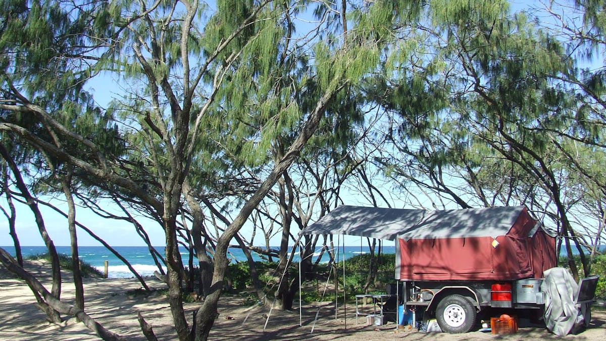 A red camper trailer is parked amongst the casuarinas behind the beach,