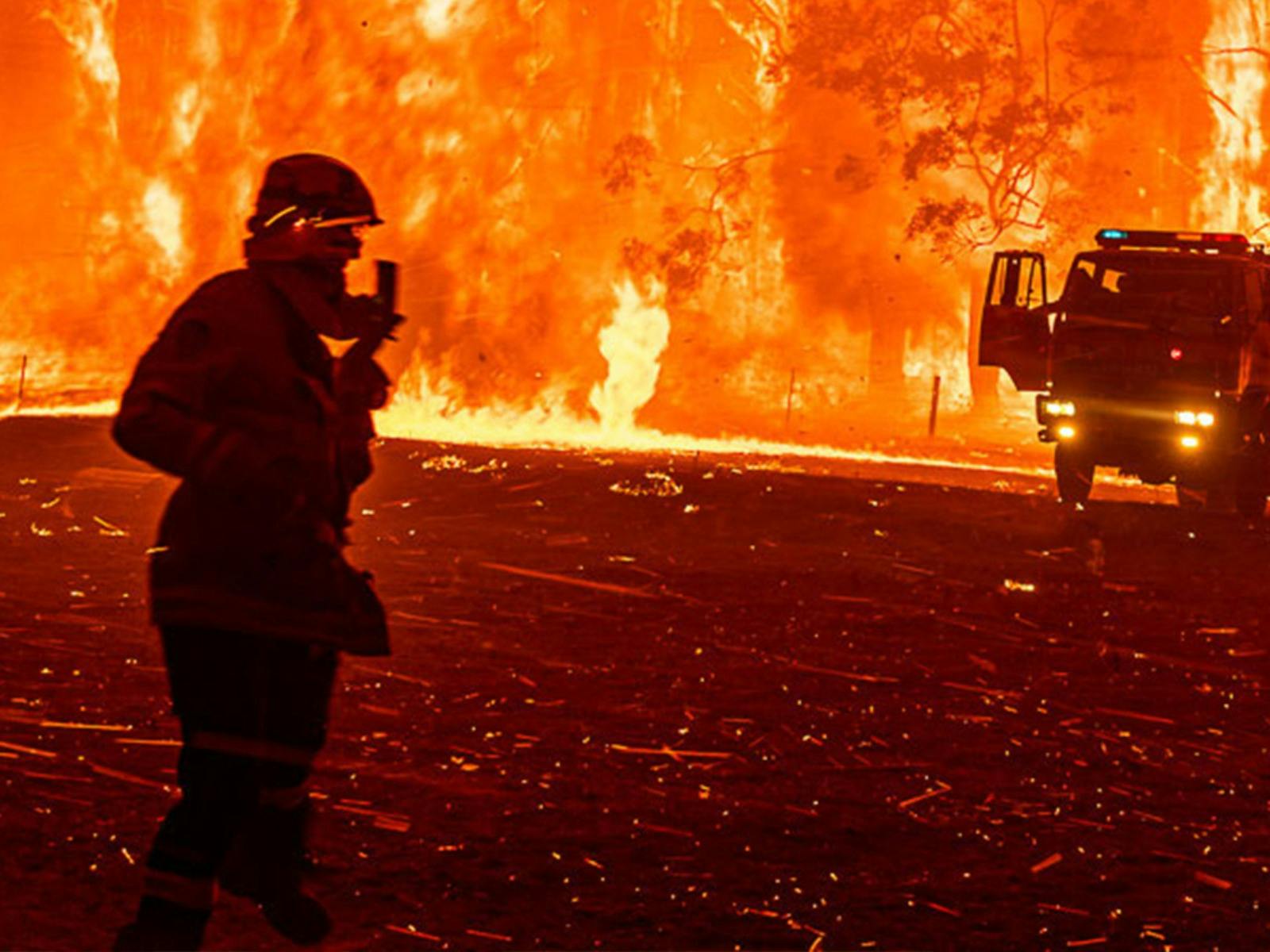 Firefighters in the midst of burning bush with fire truck in the background