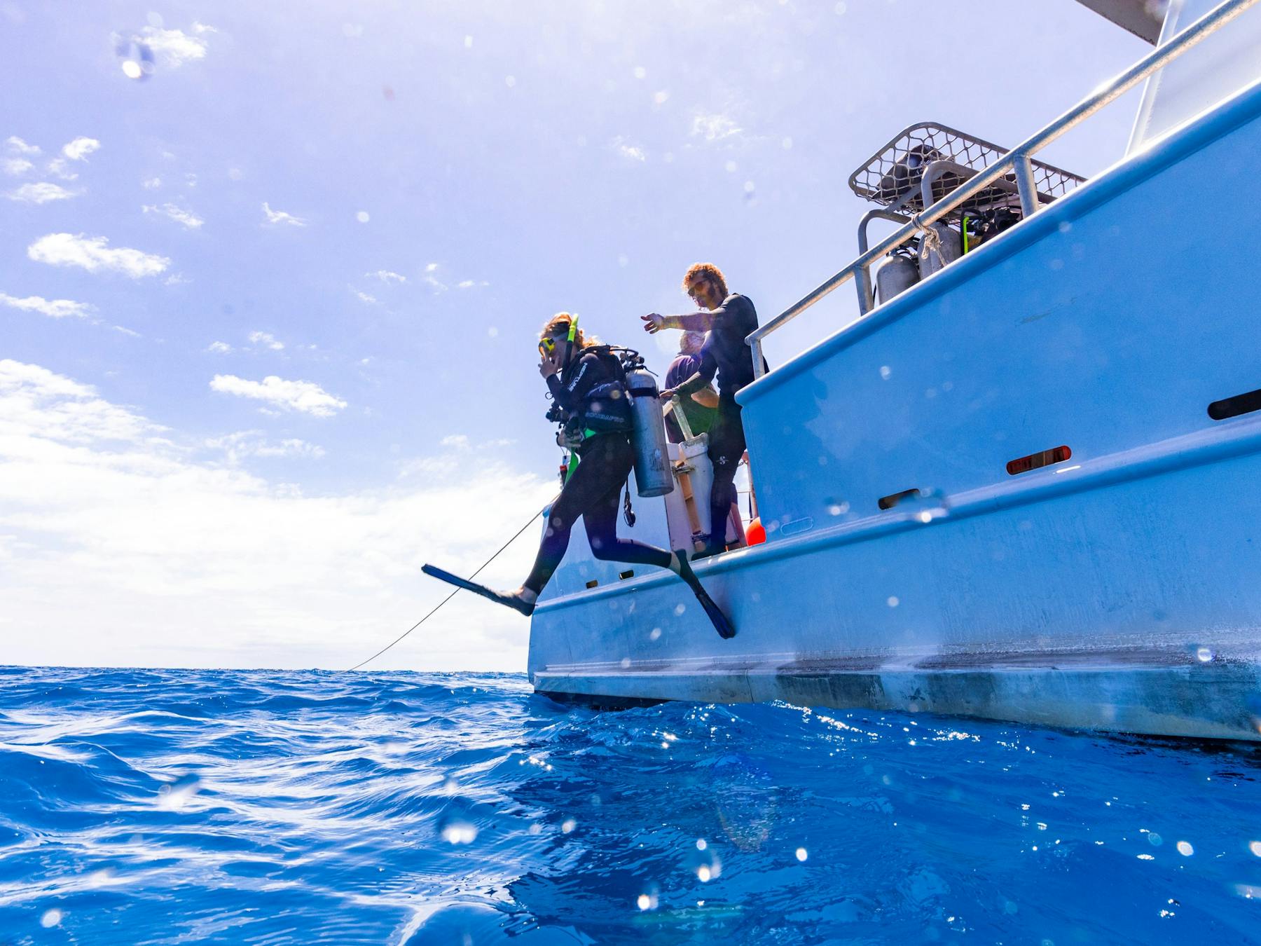 A Diver giant striding off our vessel, Endorphin.
