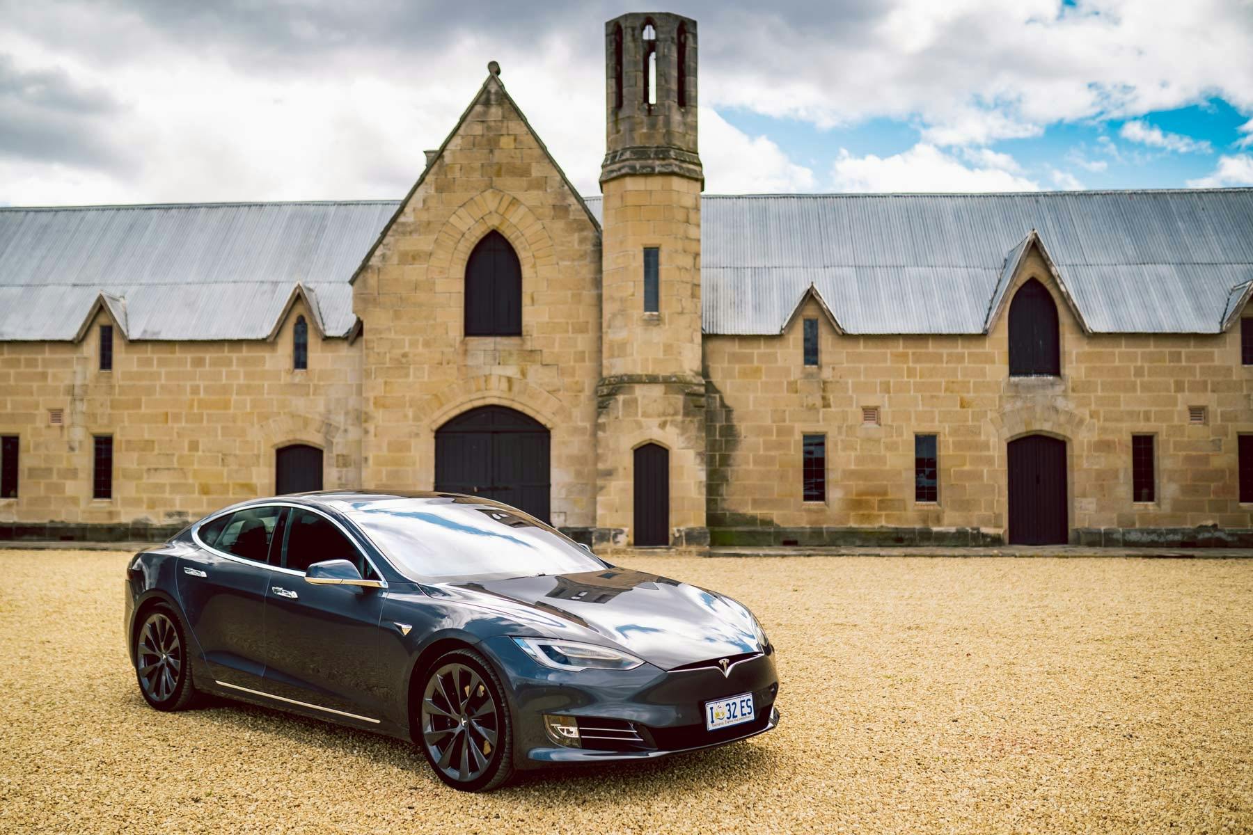 A Tesla car outside Lark Pontville