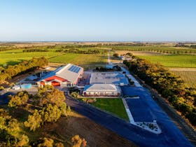 Aerial image of Cellar Door and winery in amongst the 140 hectares of Estate Vineyard.