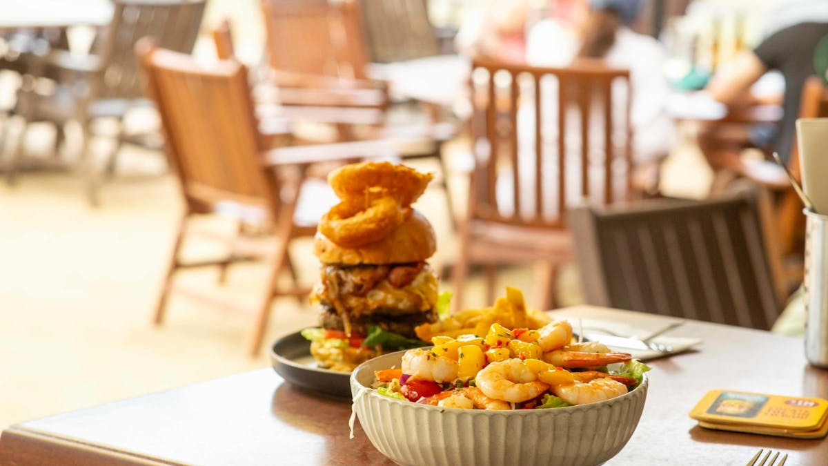 Classic Dingo Burger and Prawn Salad