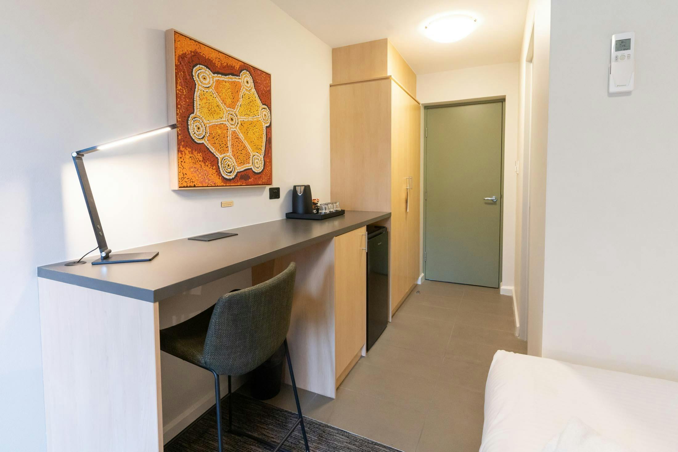 Desk, Tea & Coffee and Mini Fridge