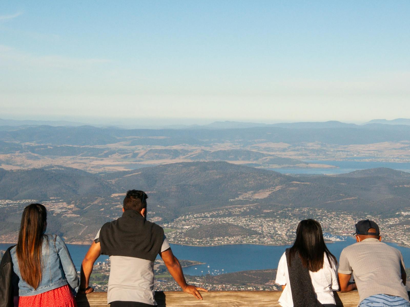 view from mt. Wellington pinnacle with visitors looking at view in foreground