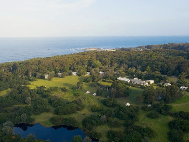 Ariel view of the property surround by green bush land and right next to the ocean