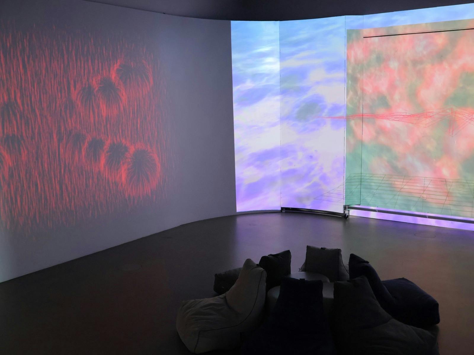 Projections of a red forest of grass, next of purple, white and blue water, then a topographical map
