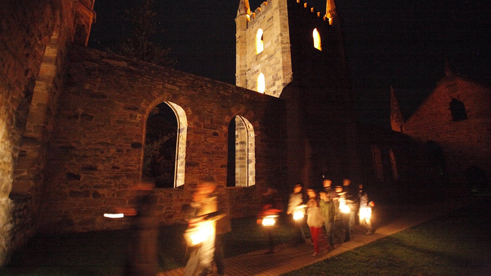 A Port Arthur Ghost Tour passes through the historic convict-built church