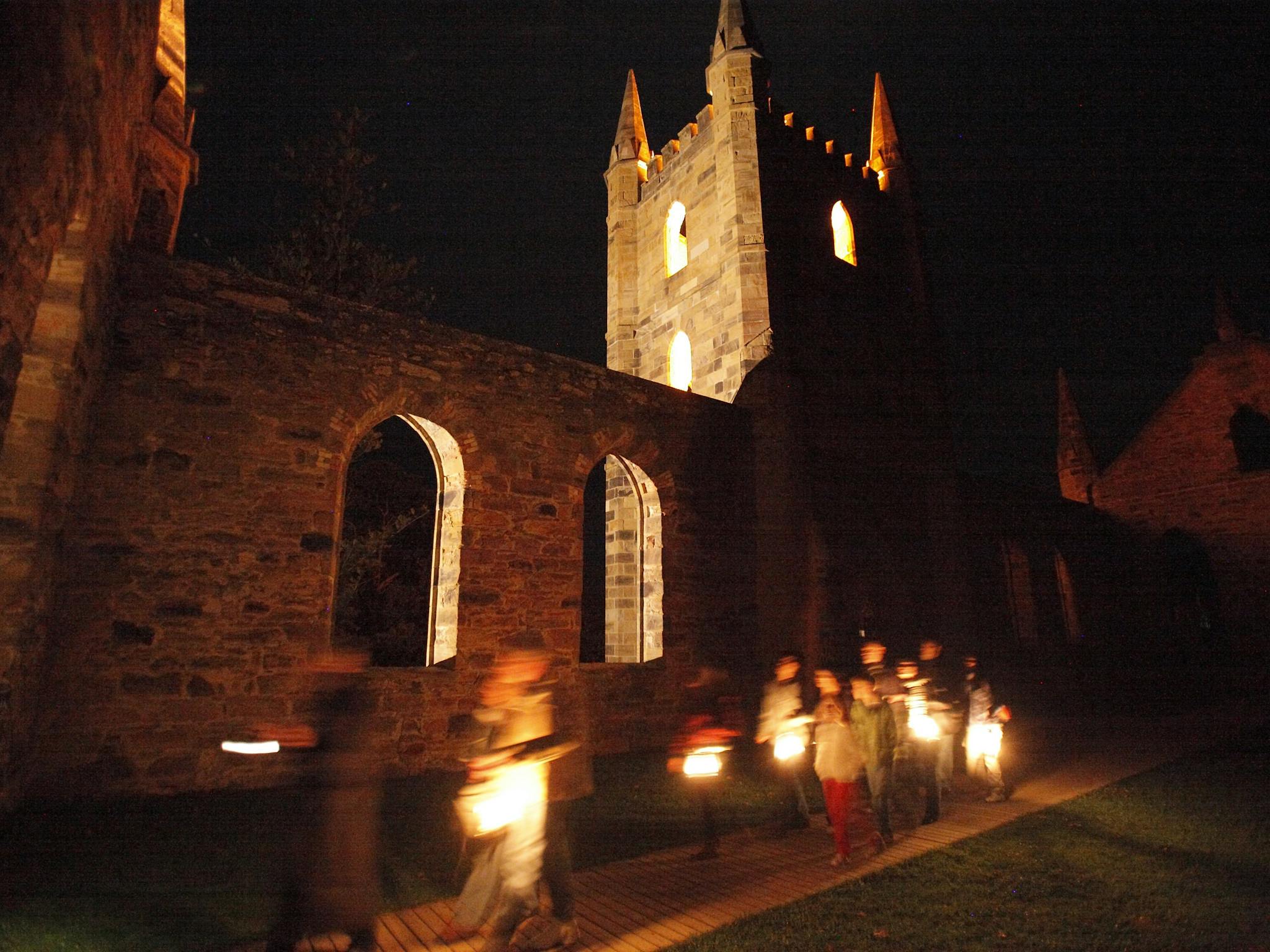 A Port Arthur Ghost Tour passes through the historic convict-built church