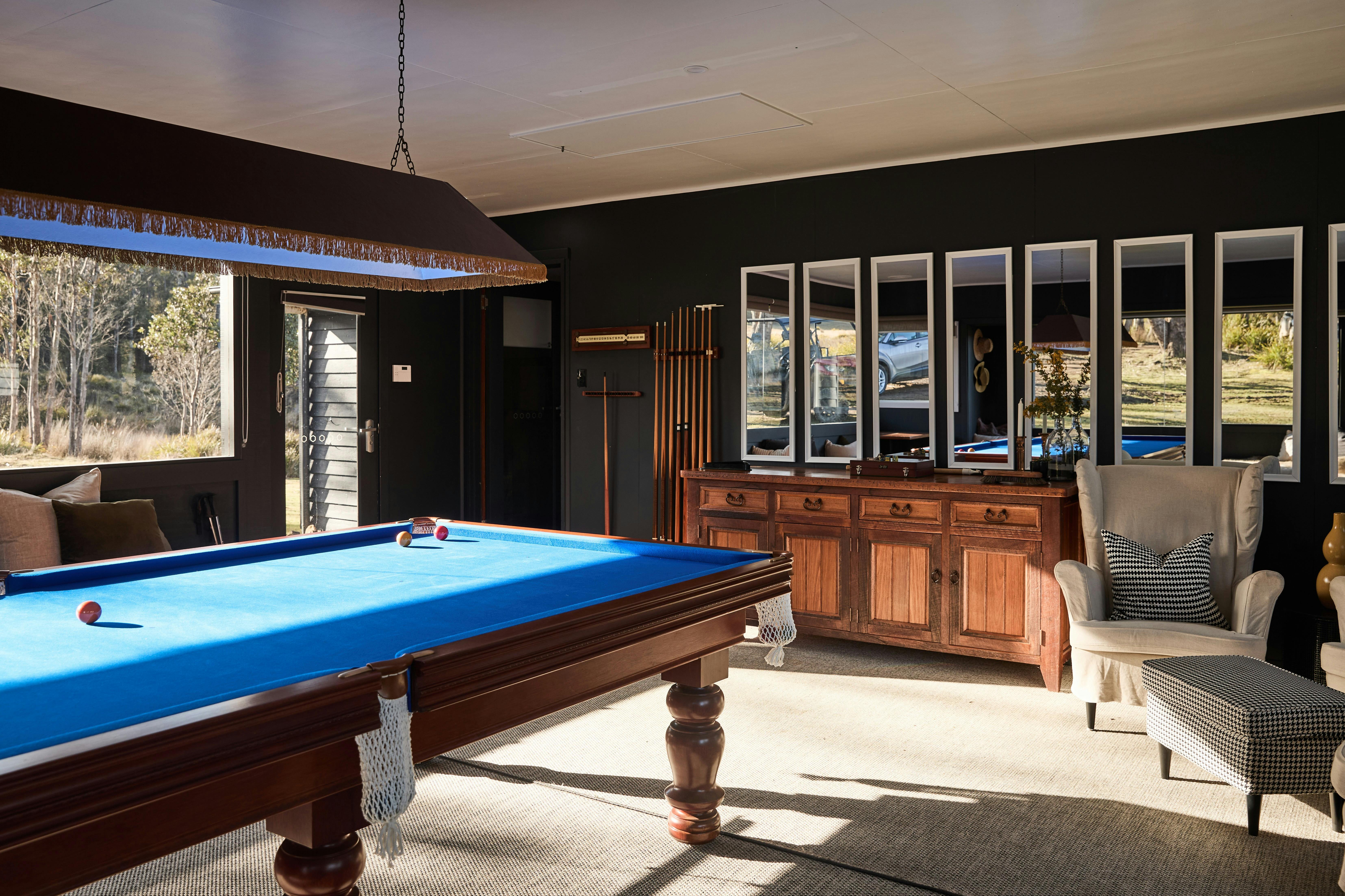 Large blue 8all table within games & entertaining room