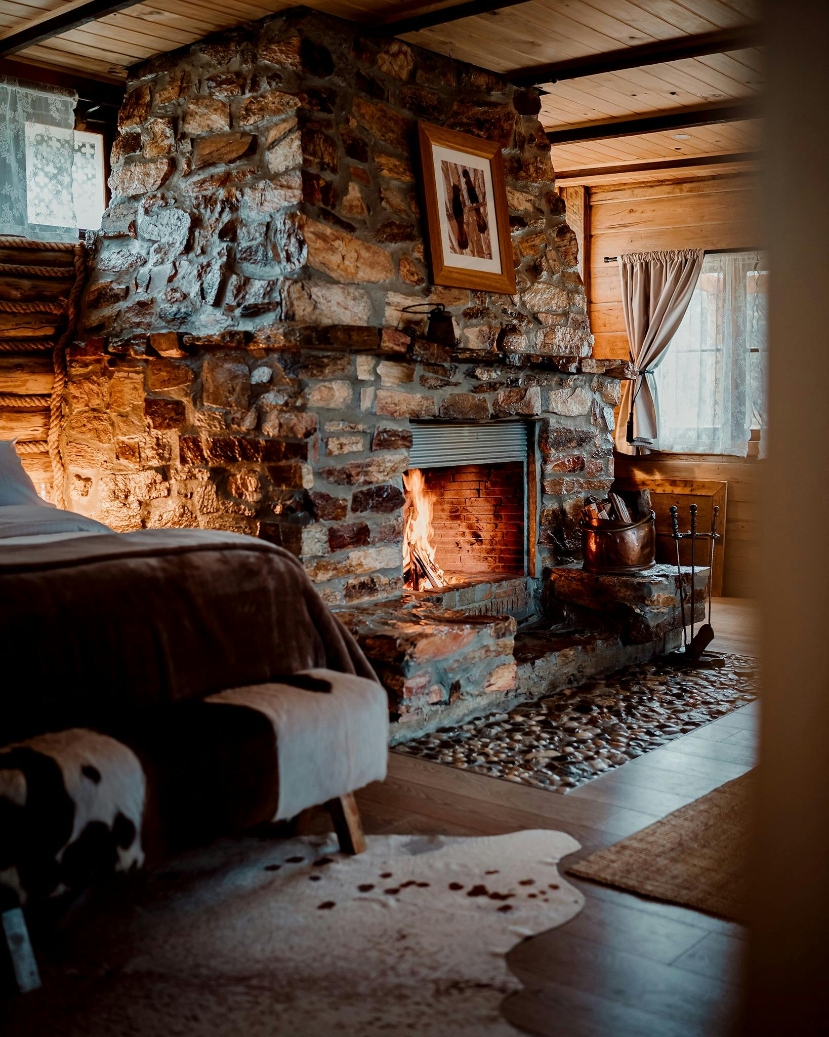 Enjoy sitting in front of a open fireplace.