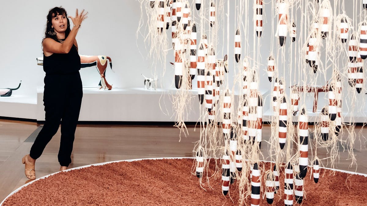 Installation view of Kalben (detail) 2016-17 by Alair Pambegan (Wik-Mungkan people)