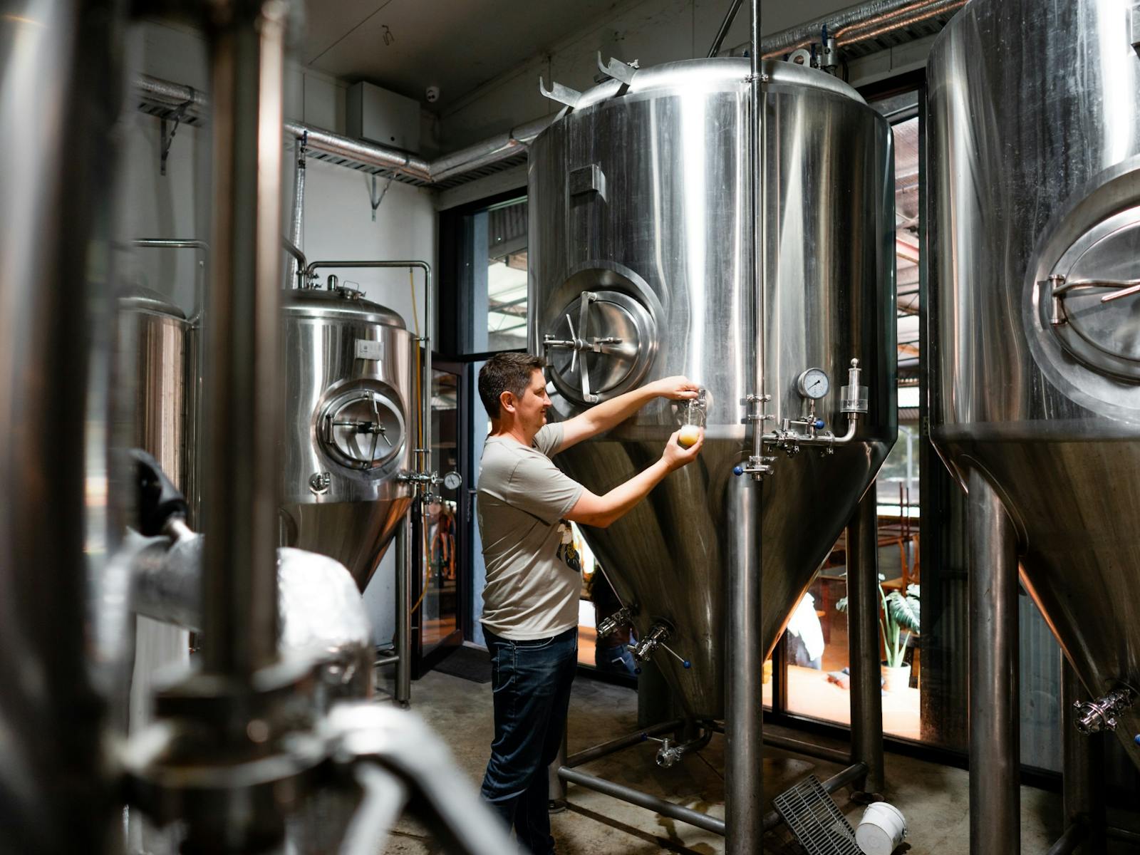 Brewer testing beer in brewery