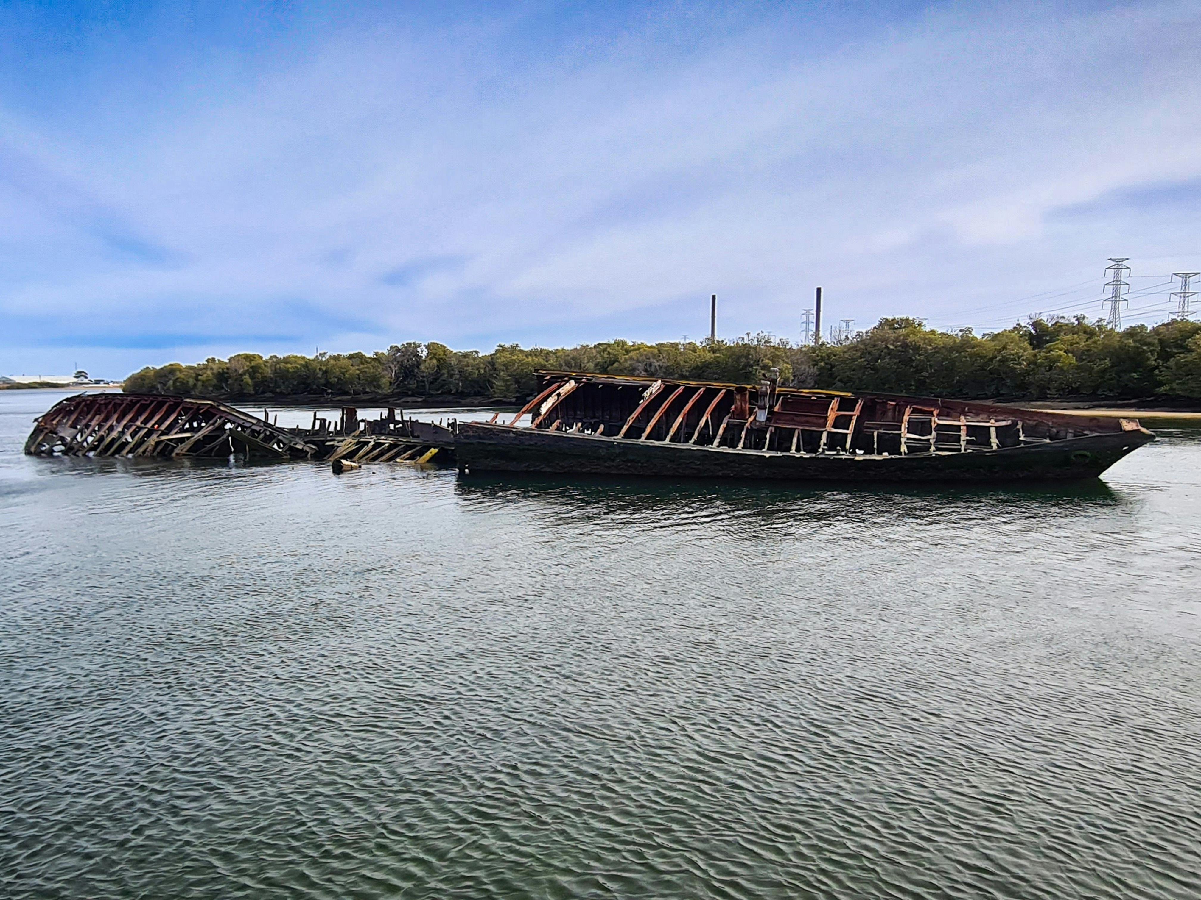 The scuttled ship Santiago rests in low water
